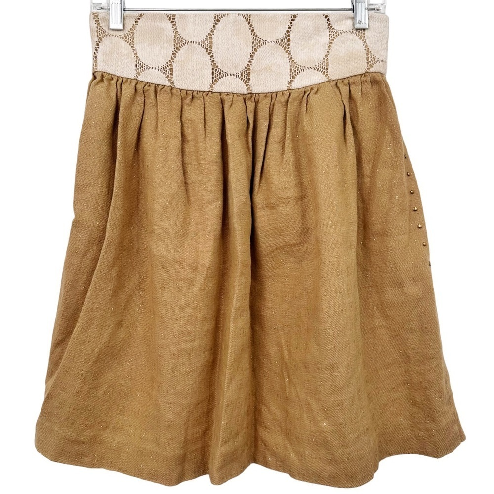 Anthropologie Lauren Moffatt Tan Skirt Linen A Line w Crochet Gold Shimmer Sz 4